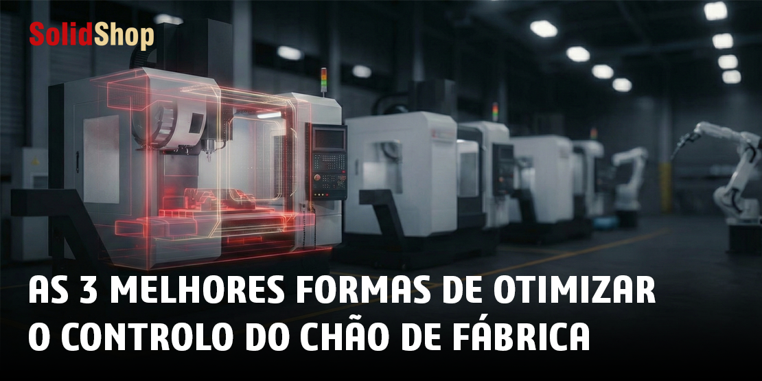 nterface digital holográfica sobre o chão de fábrica mostrando a gestão de maquinação CNC em tempo real, monitorização de fusos e controlo de código G através do software SolidShop da SolidCAM.