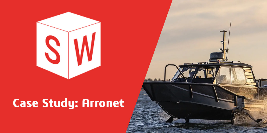 Casco de alumínio de embarcação Arronet em análise de fluxo hidrodinâmico no SOLIDWORKS Flow Simulation, com visualização de vetores de velocidade e pressão sobre a superfície do casco.